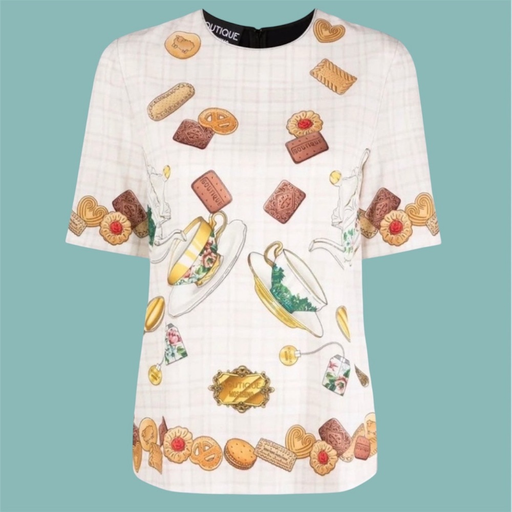 NWT! BOUTIQUE MOSCHINO “Tea Time” T-Shirt Blouse Size IT44/US10
